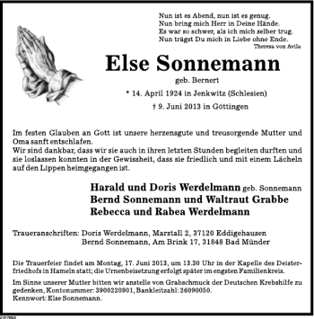 Traueranzeige von Else Sonnemann von Deister- und Weserzeitung