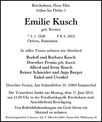 Traueranzeige von Emilie Kusch von Deister- und Weserzeitung
