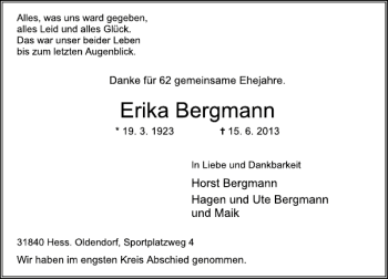 Traueranzeige von Erika Bergmann von Deister- und Weserzeitung