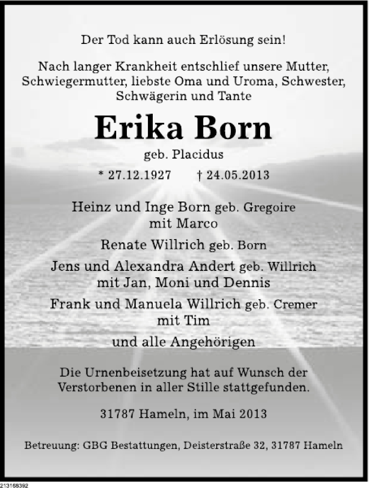  Traueranzeige für Erika Born vom 08.06.2013 aus Deister- und Weserzeitung