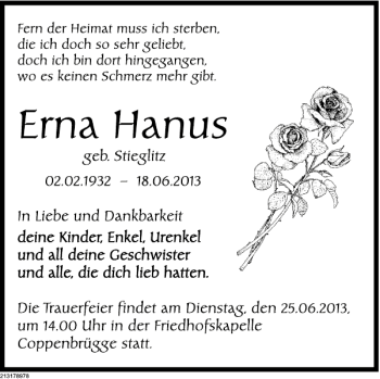 Traueranzeige von Erna Hanus von Deister- und Weserzeitung