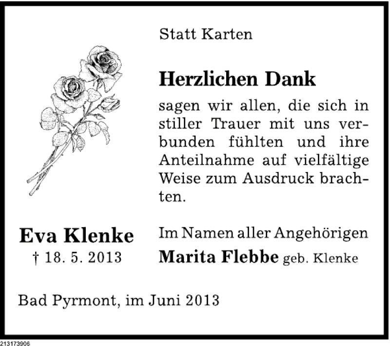  Traueranzeige für Eva Klenke vom 08.06.2013 aus Deister- und Weserzeitung