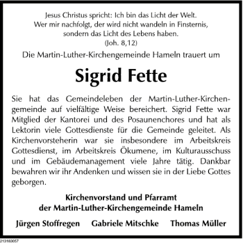 Traueranzeige von Fette Trauer von Deister- und Weserzeitung