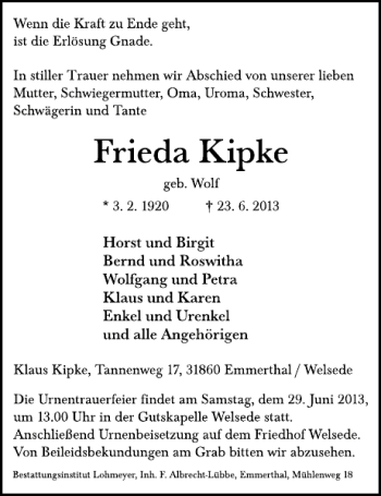 Traueranzeige von Frieda Kipke von Deister- und Weserzeitung