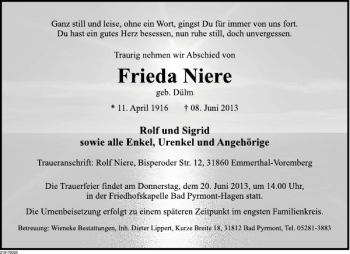 Traueranzeige von Frieda Niere von Deister- und Weserzeitung