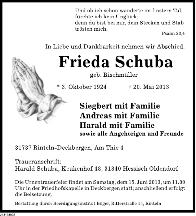  Traueranzeige für Frieda Schuba vom 08.06.2013 aus Deister- und Weserzeitung