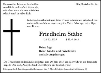 Traueranzeige von Friedhelm Stäbe von Deister- und Weserzeitung