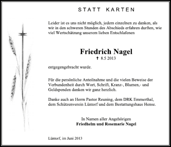 Traueranzeige von Friedrich Nagel von Deister- und Weserzeitung