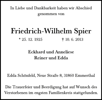 Traueranzeige von Friedrich-W. Spier von Deister- und Weserzeitung