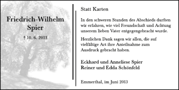 Traueranzeige von Friedrich-Wilhelm Spier von Deister- und Weserzeitung