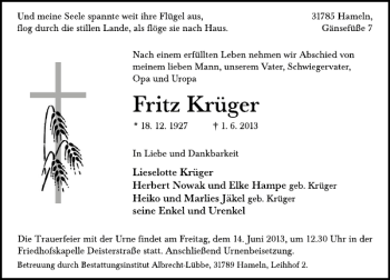 Traueranzeige von Fritz Krüger von Deister- und Weserzeitung