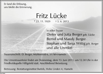 Traueranzeige von Fritz Lücke von Deister- und Weserzeitung