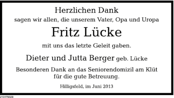 Traueranzeige von Fritz Lücke von Deister- und Weserzeitung