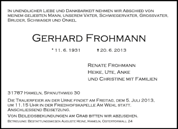 Traueranzeige von Gerhard Frohmann von Deister- und Weserzeitung