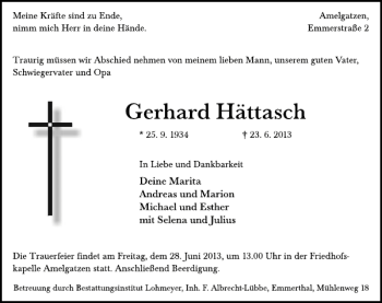 Traueranzeige von Gerhard Hättasch von Deister- und Weserzeitung