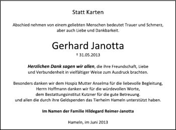 Traueranzeige von Gerhard Janotta von Deister- und Weserzeitung