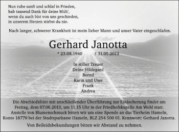 Traueranzeige von Gerhard Janotta von Deister- und Weserzeitung
