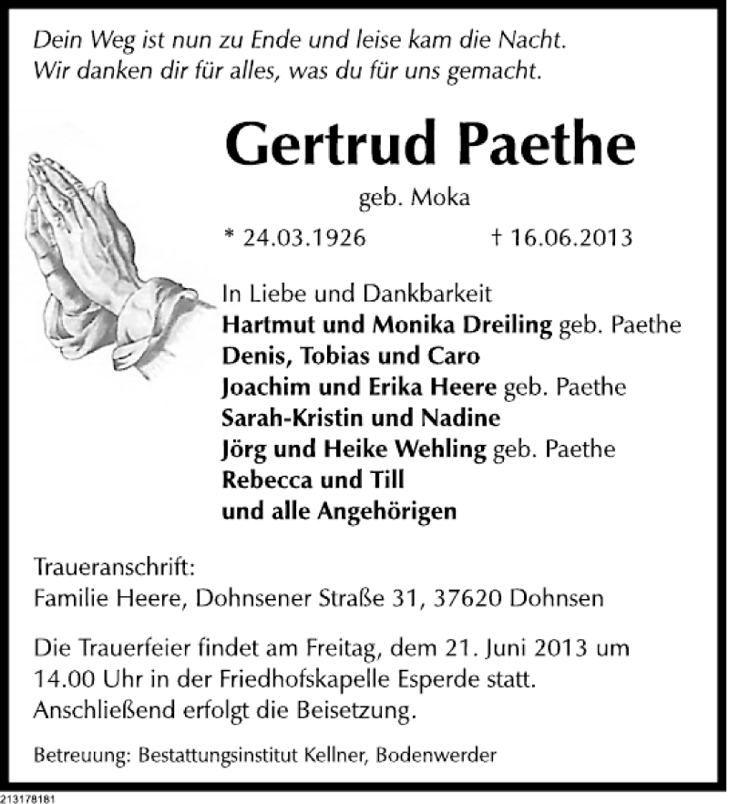  Traueranzeige für Gertrud Paethe vom 19.06.2013 aus Deister- und Weserzeitung