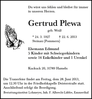 Traueranzeige von Gertrud Plewa von Deister- und Weserzeitung