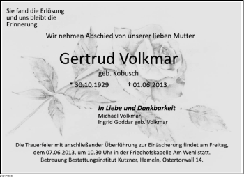 Traueranzeige von Gertrud Volkmar von Deister- und Weserzeitung