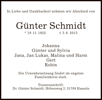 Traueranzeige von Günter Schmidt von Deister- und Weserzeitung