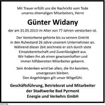 Traueranzeige von Günter Widany von Deister- und Weserzeitung