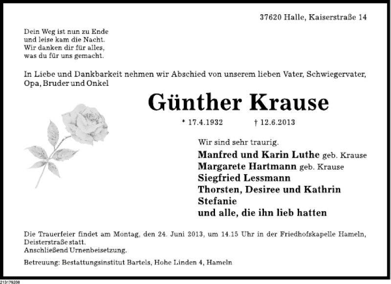  Traueranzeige für Günther Krause vom 22.06.2013 aus Deister- und Weserzeitung