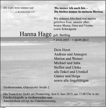 Traueranzeige von Hanna Hage von Deister- und Weserzeitung