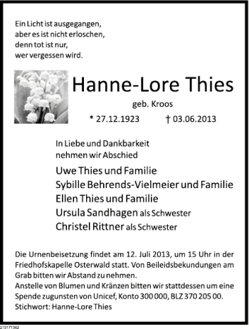 Traueranzeige von Hanne-Lore Thies von Deister- und Weserzeitung