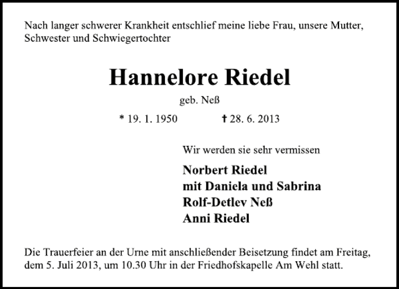  Traueranzeige für Hannelore Riedel vom 29.06.2013 aus Deister- und Weserzeitung