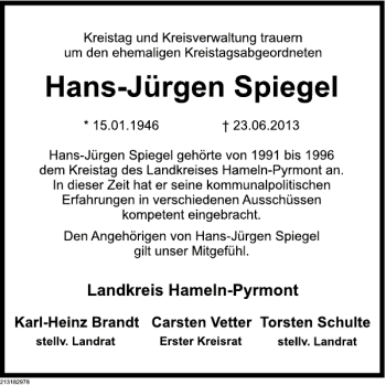 Traueranzeige von Hans-Jürgen Spiegel von Deister- und Weserzeitung