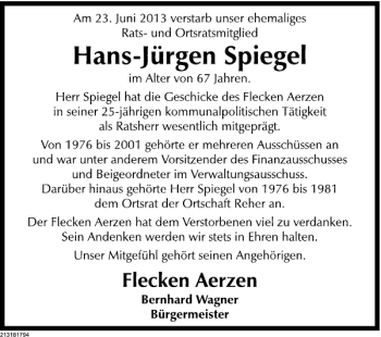 Traueranzeige von Hans-Jürgen Spiegel von Deister- und Weserzeitung