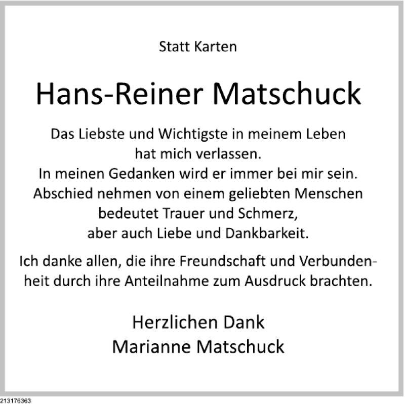  Traueranzeige für Hans-Reiner Matschuck vom 15.06.2013 aus Deister- und Weserzeitung
