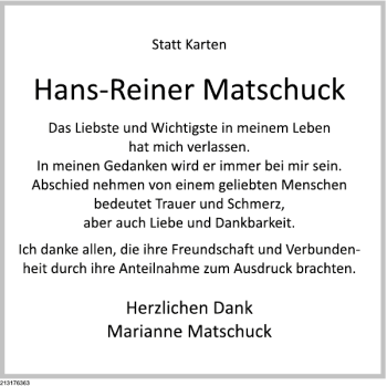 Traueranzeige von Hans-Reiner Matschuck von Deister- und Weserzeitung