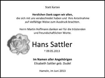 Traueranzeige von Hans Sattler von Deister- und Weserzeitung