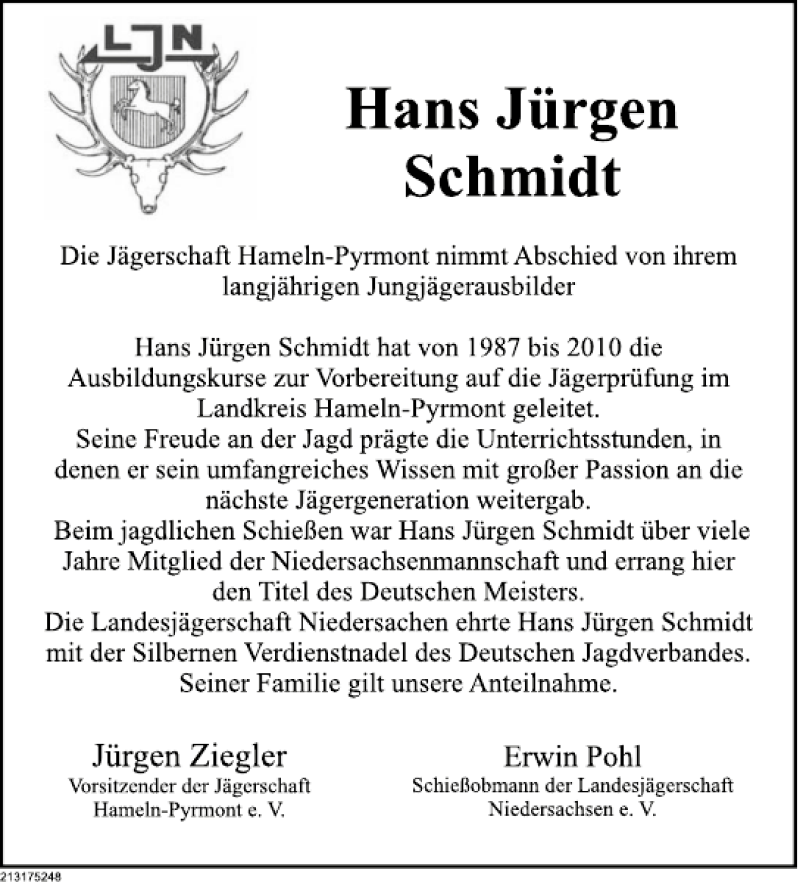  Traueranzeige für Hans Jürgen Schmidt vom 13.06.2013 aus Deister- und Weserzeitung