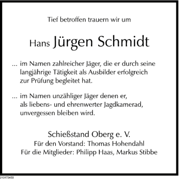 Traueranzeige von Hans Jürgen Schmidt von Deister- und Weserzeitung