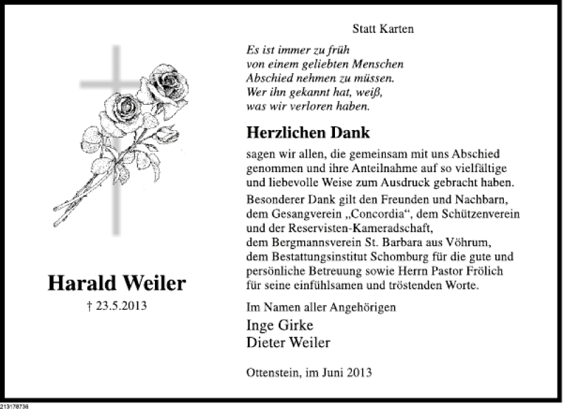  Traueranzeige für Harald Weiler vom 22.06.2013 aus Deister- und Weserzeitung