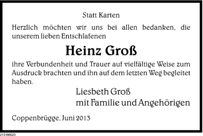  Traueranzeige für Heinz Groß vom 22.06.2013 aus Deister- und Weserzeitung