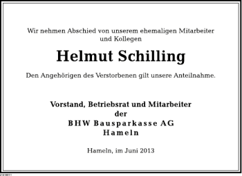 Traueranzeige von Helmut Schilling von Deister- und Weserzeitung