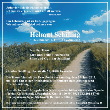 Traueranzeige von Helmut Schilling von Deister- und Weserzeitung