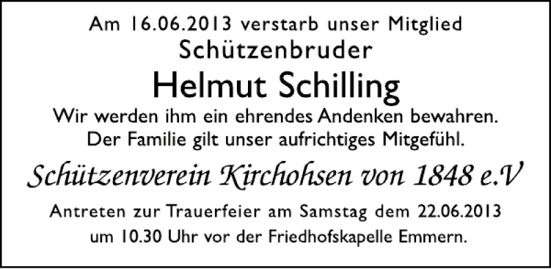  Traueranzeige für Helmut Schilling vom 20.06.2013 aus Deister- und Weserzeitung