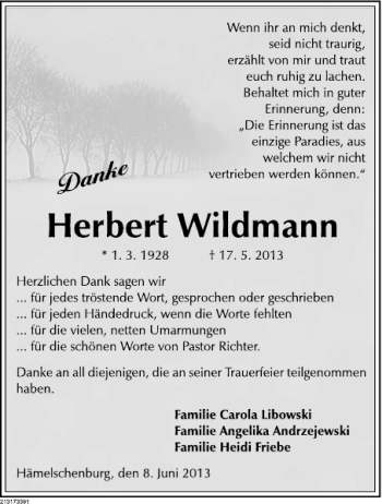 Traueranzeige von Herbert Wildmann von Deister- und Weserzeitung