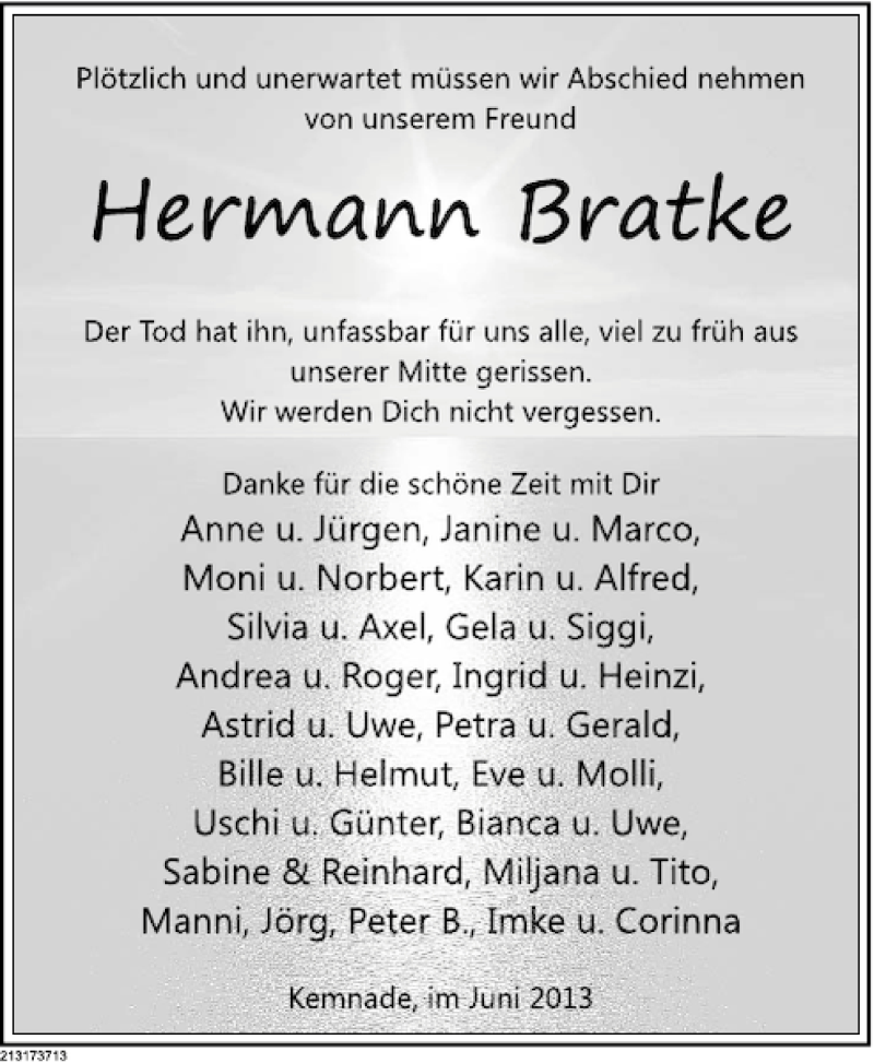  Traueranzeige für Hermann Bratke vom 08.06.2013 aus Deister- und Weserzeitung