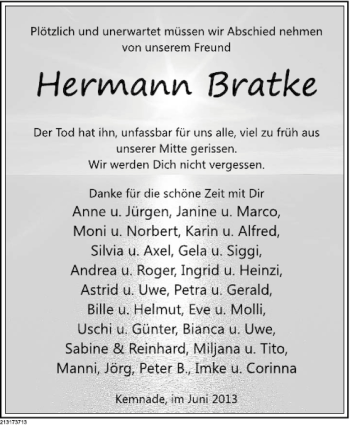 Traueranzeige von Hermann Bratke von Deister- und Weserzeitung