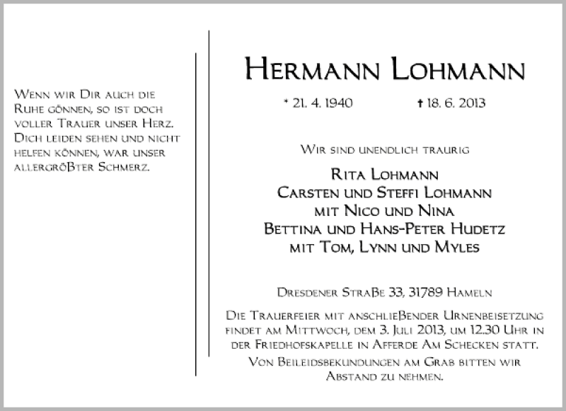  Traueranzeige für Herrmann Lohmann vom 29.06.2013 aus Deister- und Weserzeitung