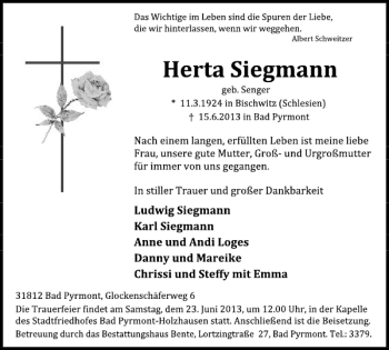 Traueranzeige von Herta Siegmann von Deister- und Weserzeitung