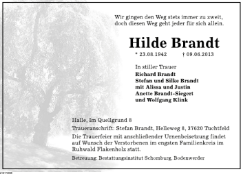 Traueranzeige von Hilde Brandt von Deister- und Weserzeitung