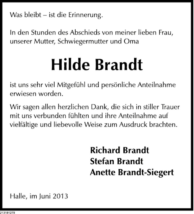  Traueranzeige für Hilde Brandt vom 29.06.2013 aus Deister- und Weserzeitung