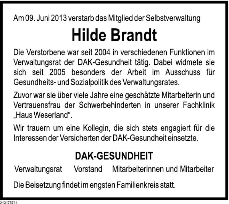  Traueranzeige für Hilde Brandt vom 15.06.2013 aus Deister- und Weserzeitung